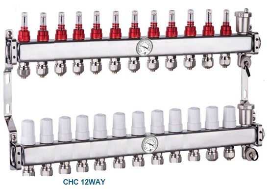 Manifold 12 way with air relief / drain 16/2 connectors and gauges
