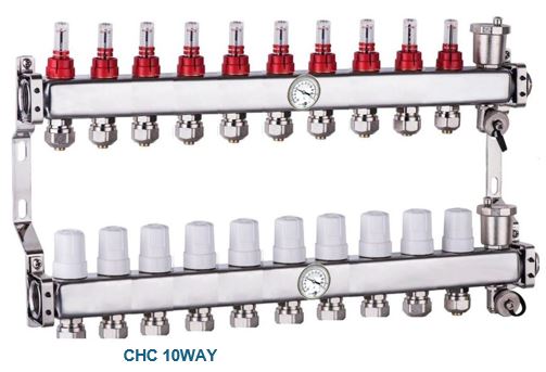 Manifold 10 way with air relief / drain 16/2 connectors and gauges