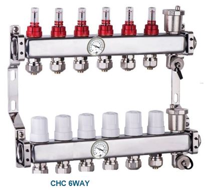 Manifold 6 way with air relief / drain 16/2 connectors and gauges
