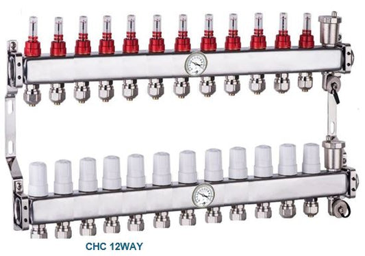 Manifold 12 way with air relief / drain 16/2 connectors and gauges