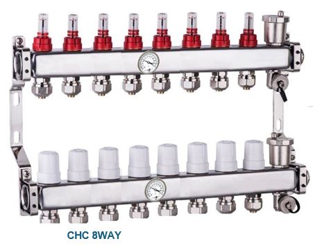 Manifold 8 way with air relief / drain 16/2 connectors and gauges