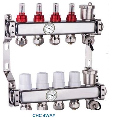 Manifold 4 way with air relief / drain 16/2 connectors and gauges